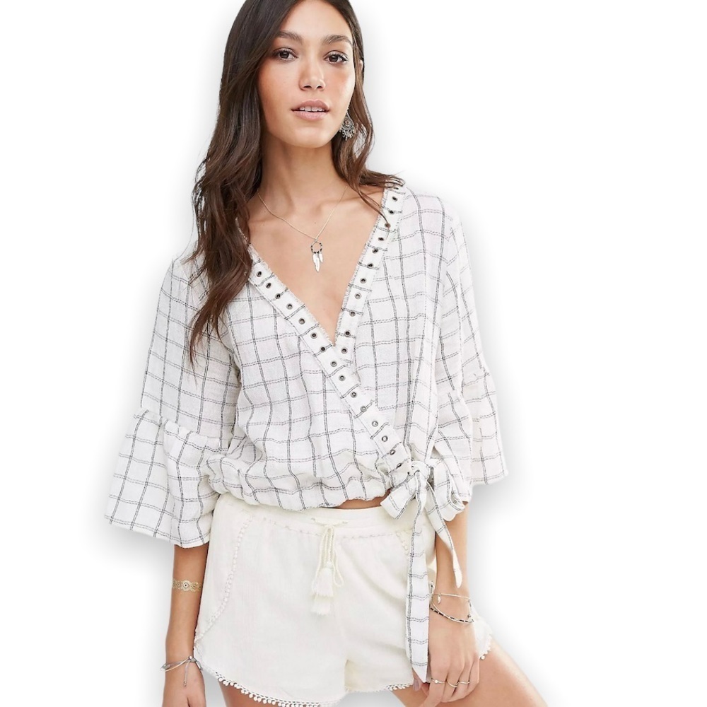 Tularosa Estelle‎ Check Print Crossover Wrap Style Crop Top in Natural